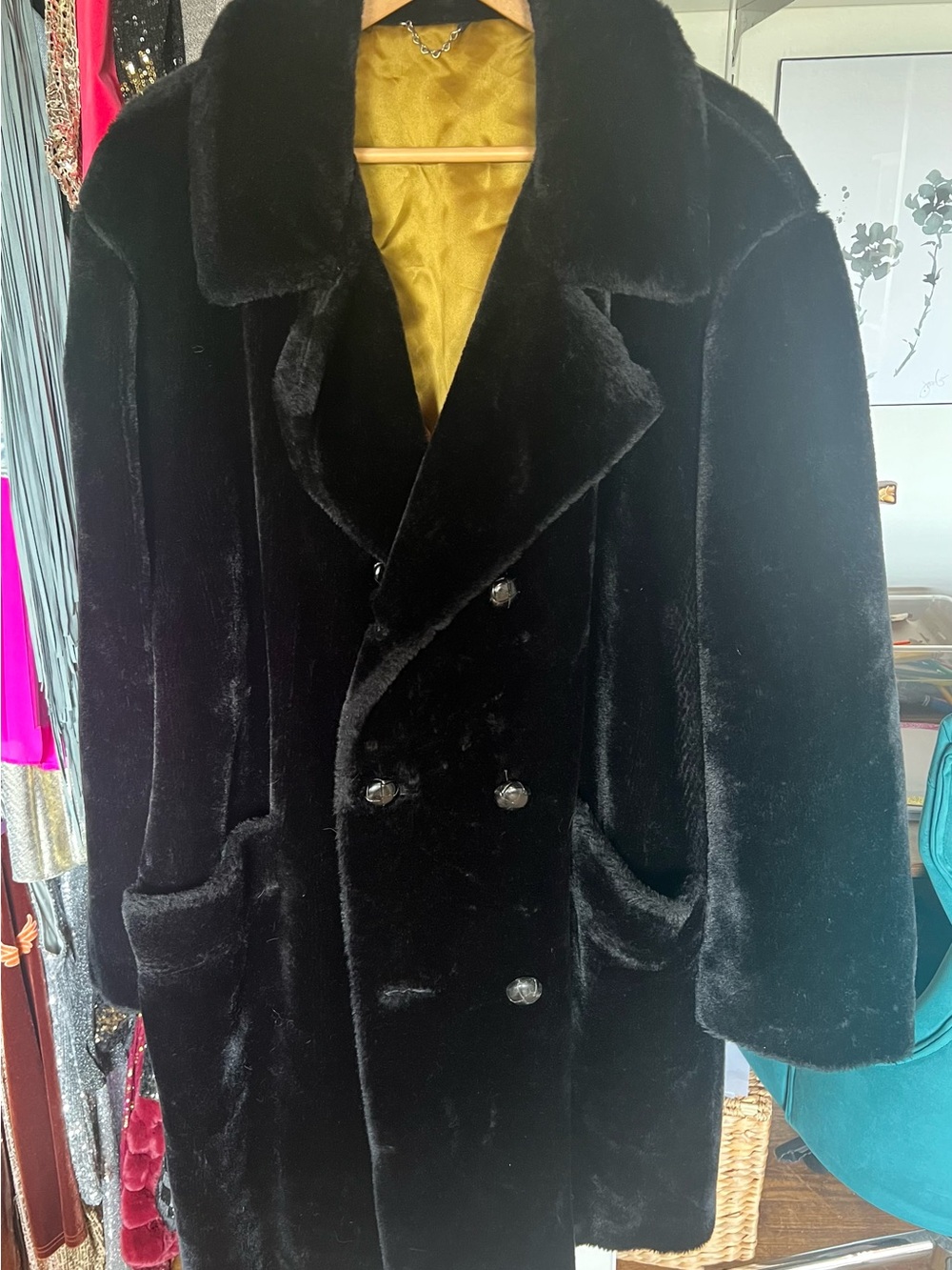 Vintage Black Men's Double-Breasted Faux Fur Coat